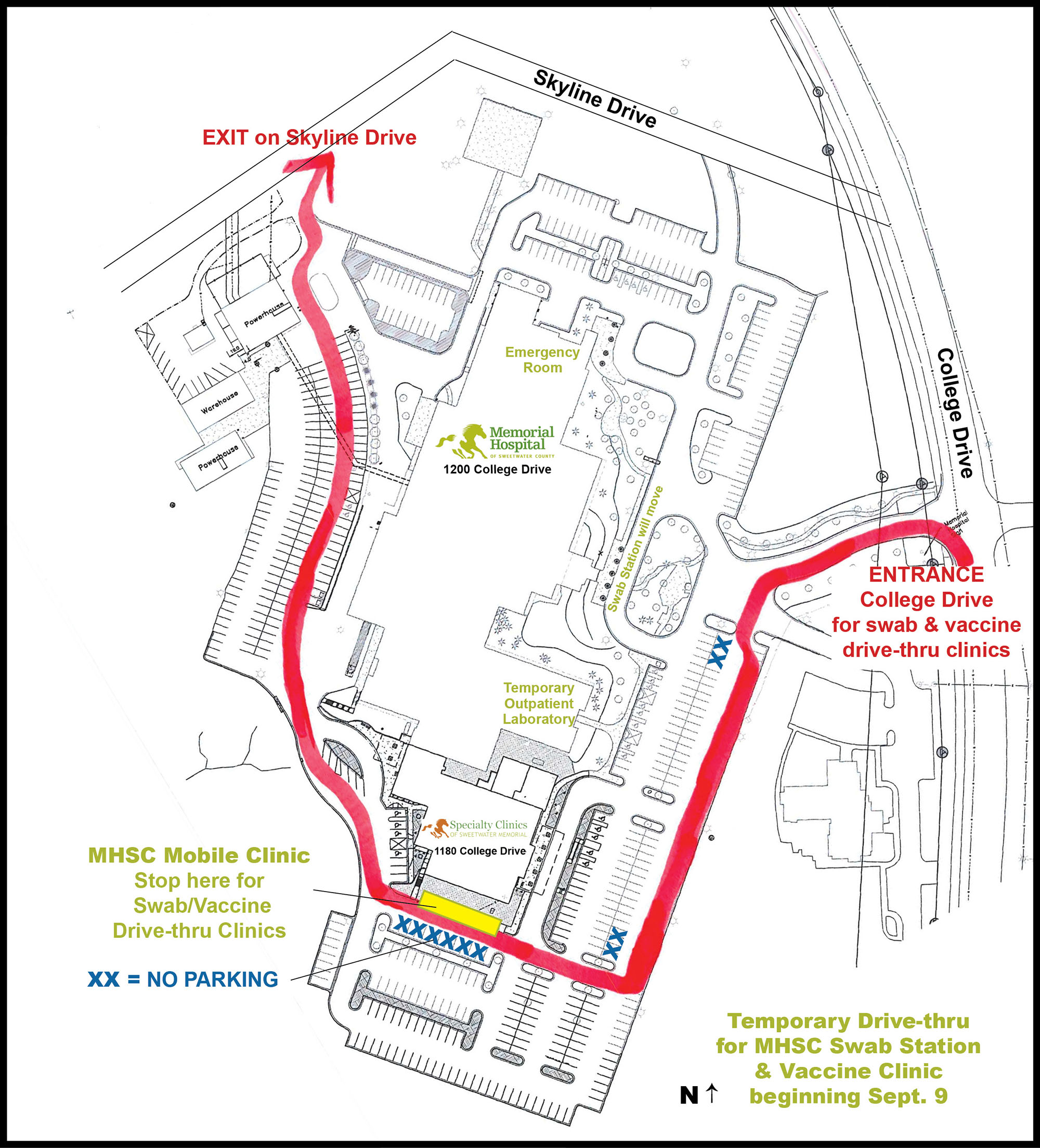 Map of traffic flow for temporary drive-thru.